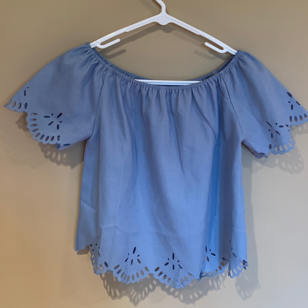 off the shoulder Blue Top with Floral Cutouts